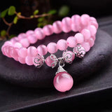 Pink Cat Eye Stone Bracelet with Ball Pendant