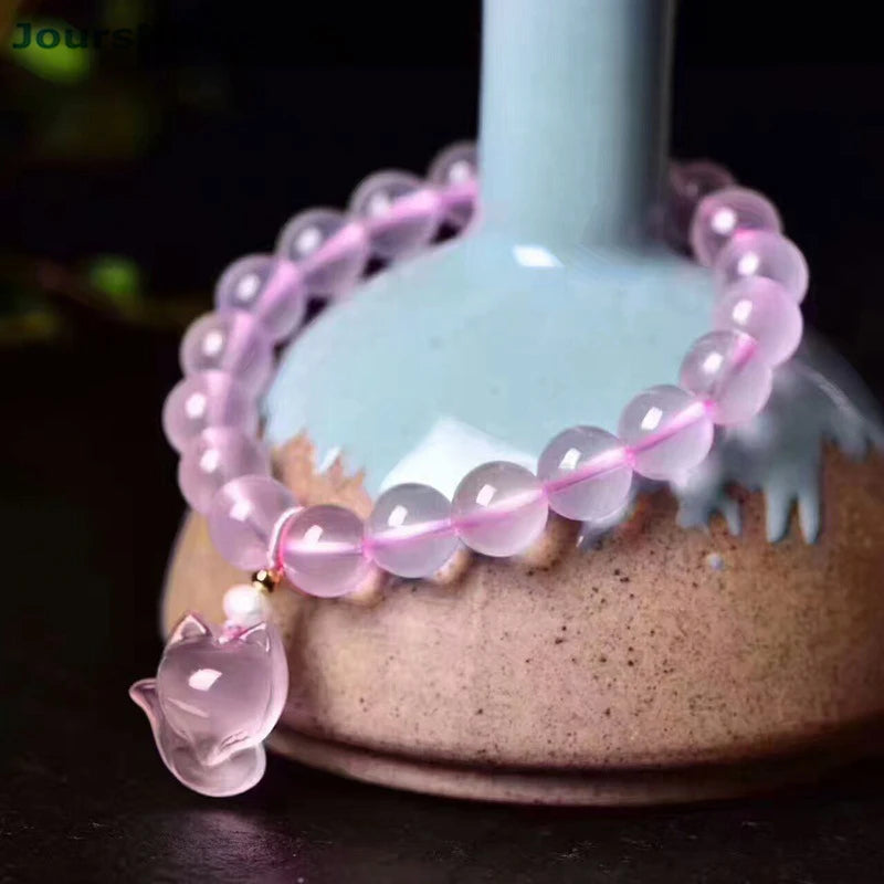 Pink Crystal Bracelet 10mm Beads with Fox Pendant