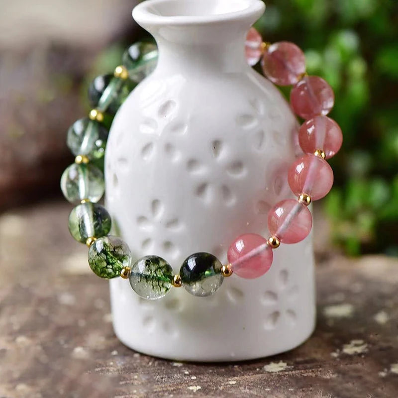 Green Ghost Watermelon Crystal Bracelet Red Chalcedony Bead Women Jewelry