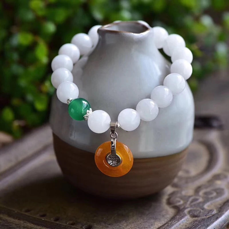 Chalcedony Crystal Bracelet Round Beads with Safety Buckle Pendant
