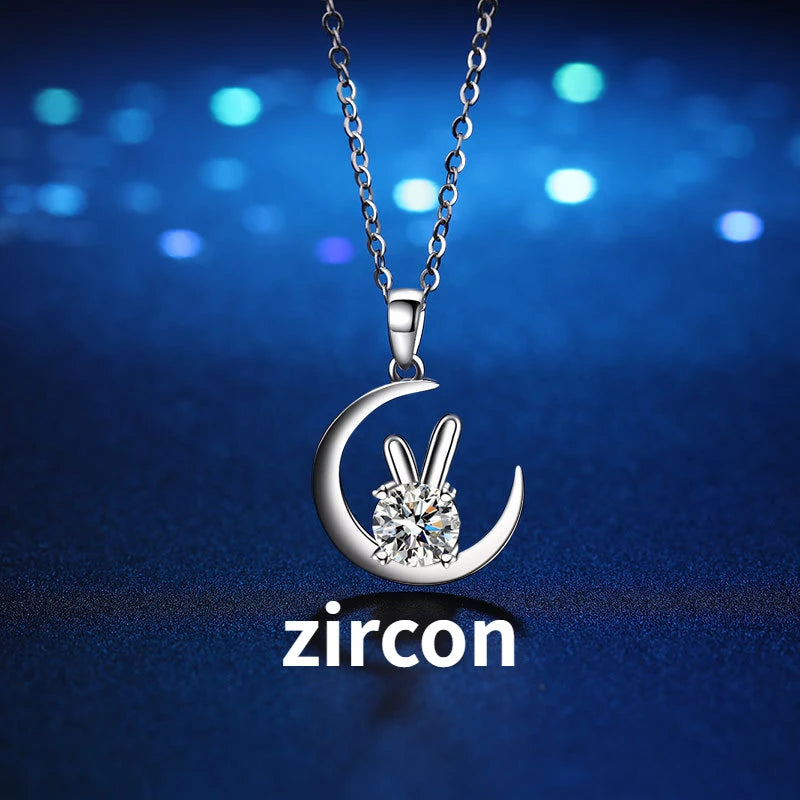 Moon Rabbit Pendant Necklace D Moissanite 925 Sterling Silver Women Gift