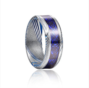Jqueen 8mm Damascus Steel Inlaid Dragon Pattern + Opal Tungsten Ring
