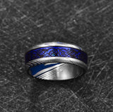 Jqueen 8mm Damascus Steel Inlaid Dragon Pattern + Opal Tungsten Ring