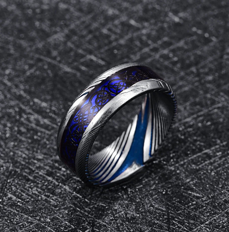 Jqueen 8mm Damascus Steel Inlaid Dragon Pattern + Opal Tungsten Ring
