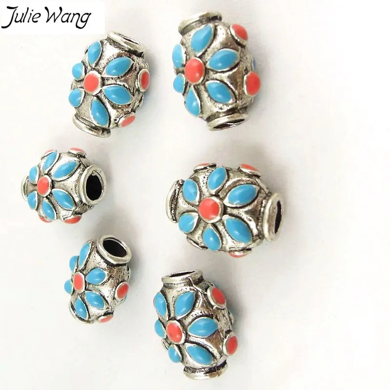 Tibetan Silver Bead With Red Enamel for Ethnic Style Jewelry