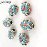 Tibetan Silver Bead With Red Enamel for Ethnic Style Jewelry
