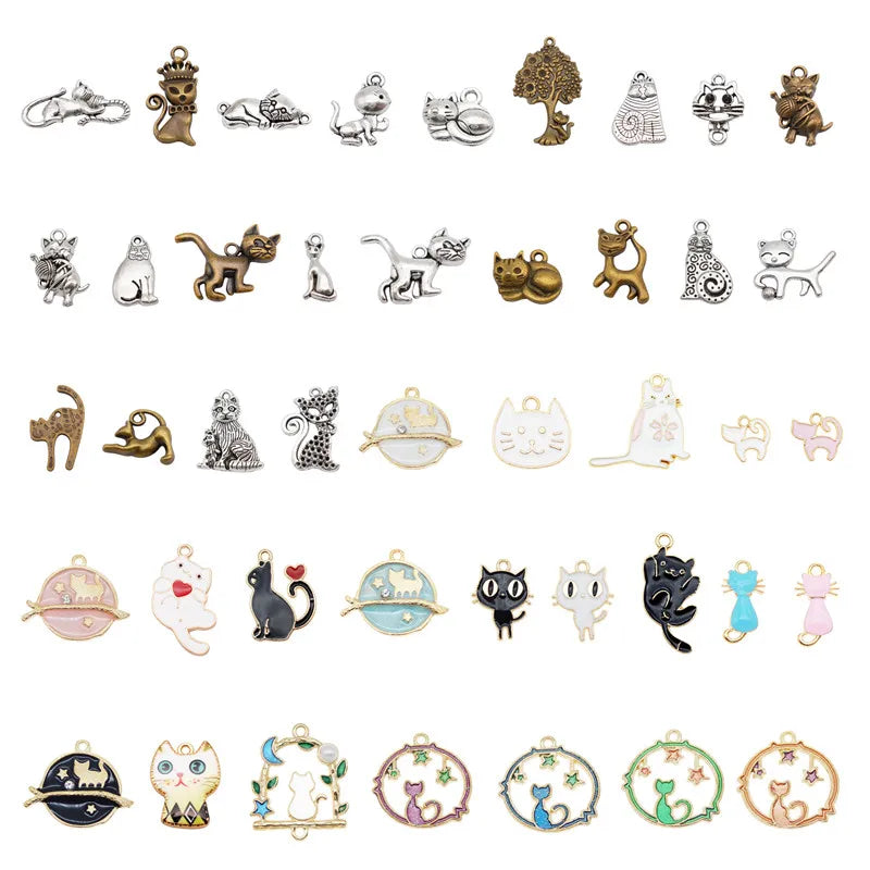 40PCS Cat Charms Enamel & Alloy Animal Pendants Necklace Accessory