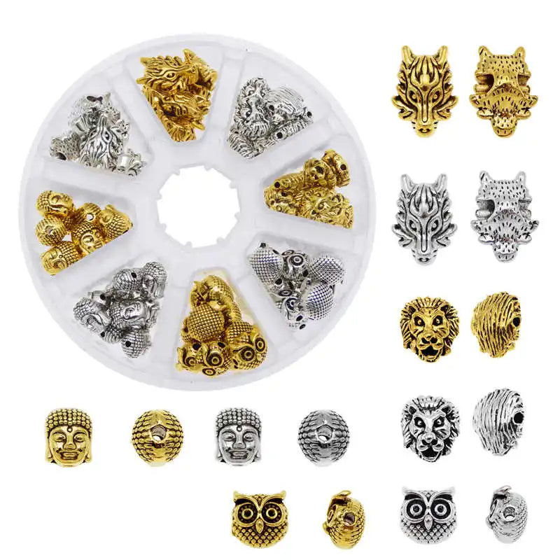 80PCS Mixed Buddha Lion Dragon Owl Head Beads Antique Bracelet Jewelry Making
