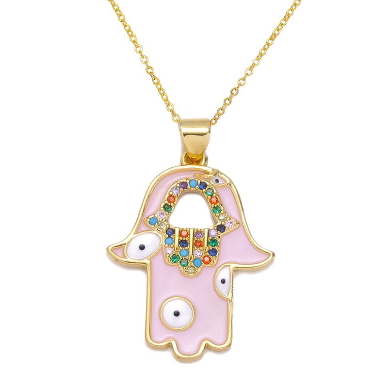 18K Plated Rainbow Zircon Hamsa Hand Necklace