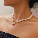 French Style Retro Party Ruby Pearl Necklace