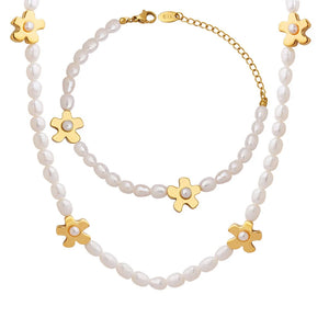 Korean Flower Baroque Freshwater Pearl Bracelet & Necklace Set