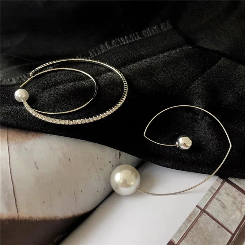 Big Pearl Round Asymmetric Earrings for Women Geometric Hoop Earring