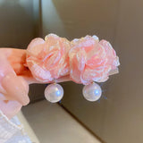 Fabric Art Flower Pearl Earrings Pink Stud Earring Jewelry