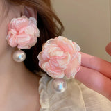 Fabric Art Flower Pearl Earrings Pink Stud Earring Jewelry