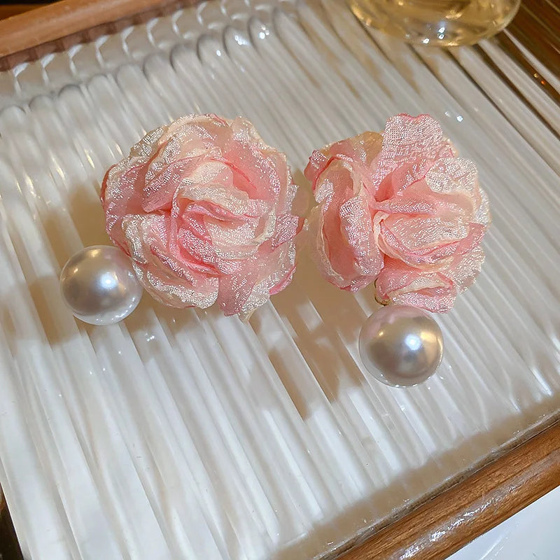 Fabric Art Flower Pearl Earrings Pink Stud Earring Jewelry
