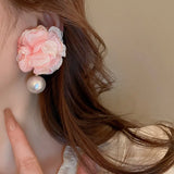 Fabric Art Flower Pearl Earrings Pink Stud Earring Jewelry