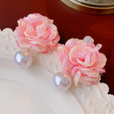 Fabric Art Flower Pearl Earrings Pink Stud Earring Jewelry