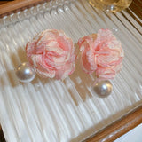 Fabric Art Flower Pearl Earrings Pink Stud Earring Jewelry