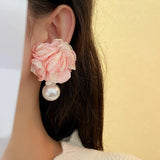 Fabric Art Flower Pearl Earrings Pink Stud Earring Jewelry