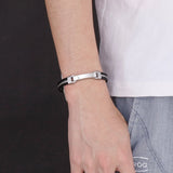 3mm Men Hiphop Rock Leather Bracelet Stainless Steel Cowhide