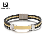 3mm Men Hiphop Rock Leather Bracelet Stainless Steel Cowhide