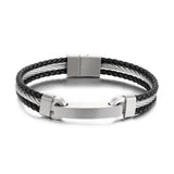3mm Men Hiphop Rock Leather Bracelet Stainless Steel Cowhide