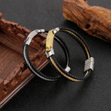 3mm Men Hiphop Rock Leather Bracelet Stainless Steel Cowhide