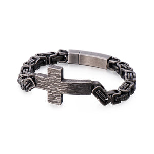 Byzantine Chain Link Bracelet Cross Charm Men's Stainless Steel Bracelet