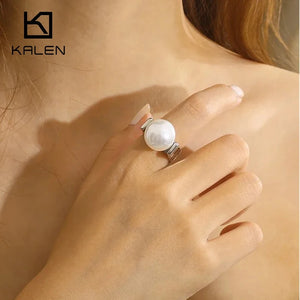 Shell Pearl Ring Stainless Steel Geometric Charm Jewelry Women Engagement