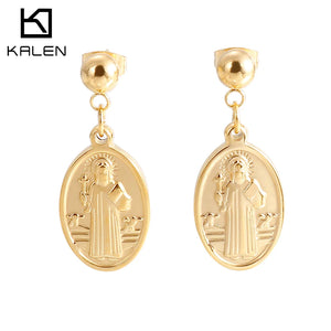 Stainless Steel Virgin Mary Earrings Punk Cross Religious Jewelry