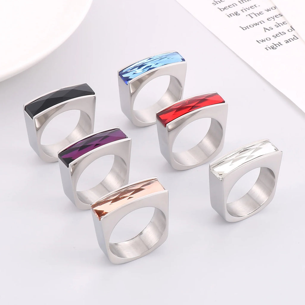 Square Multicolor Ring Stainless Steel Bohemia Colorful Stone Rings