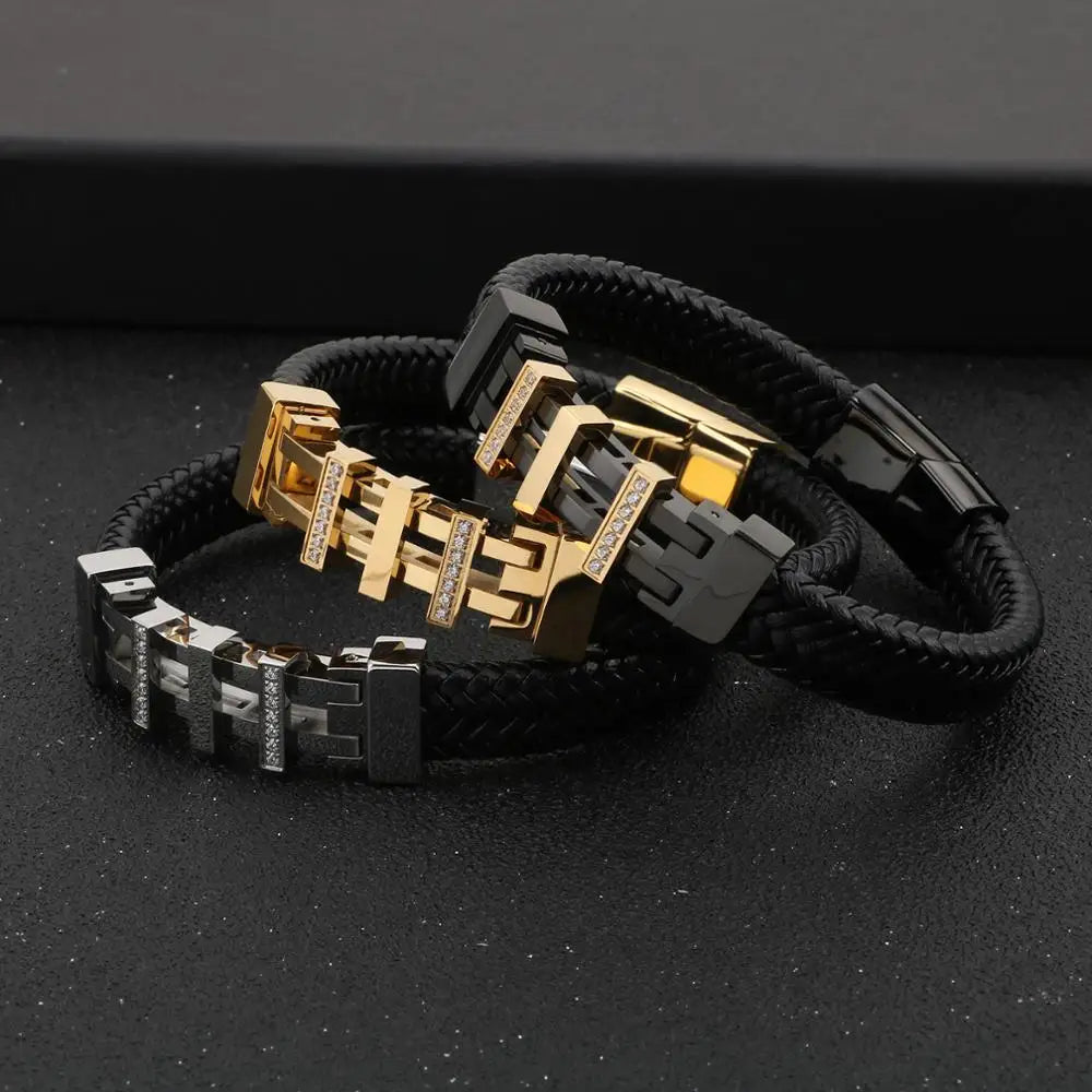 Vintage Leather Wrap Bracelet Men Geometric Charm Stainless Steel