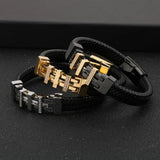 Vintage Leather Wrap Bracelet Men Geometric Charm Stainless Steel