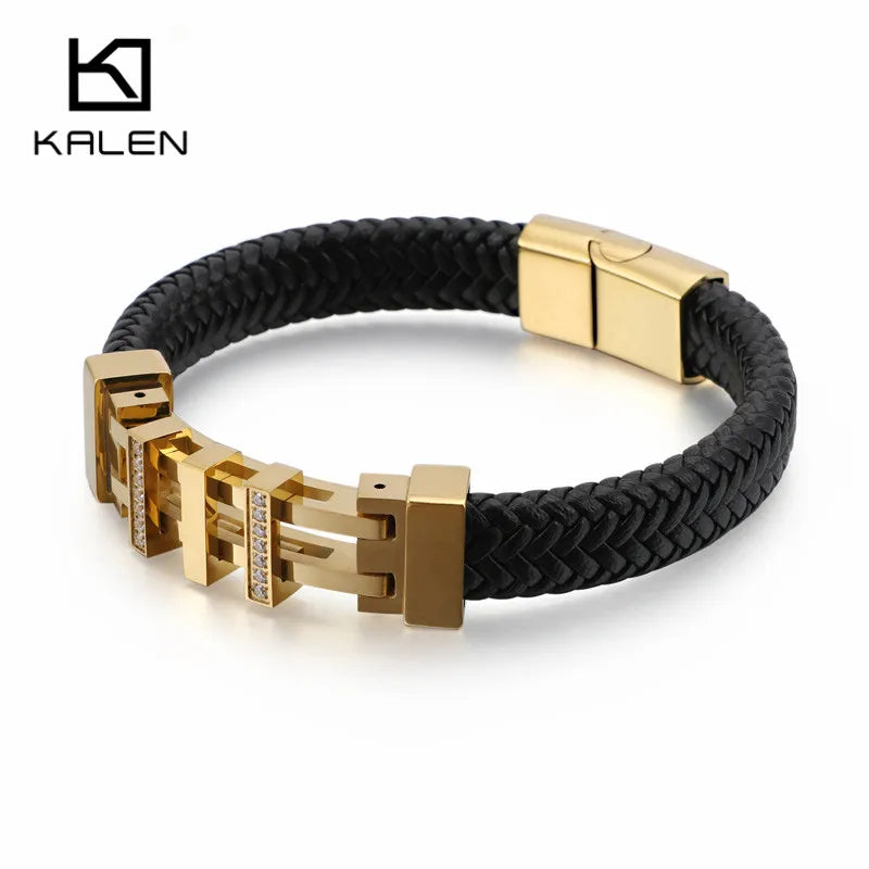 Vintage Leather Wrap Bracelet Men Geometric Charm Stainless Steel