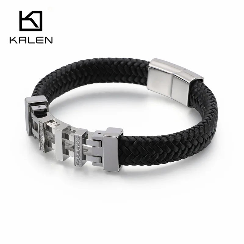 Vintage Leather Wrap Bracelet Men Geometric Charm Stainless Steel