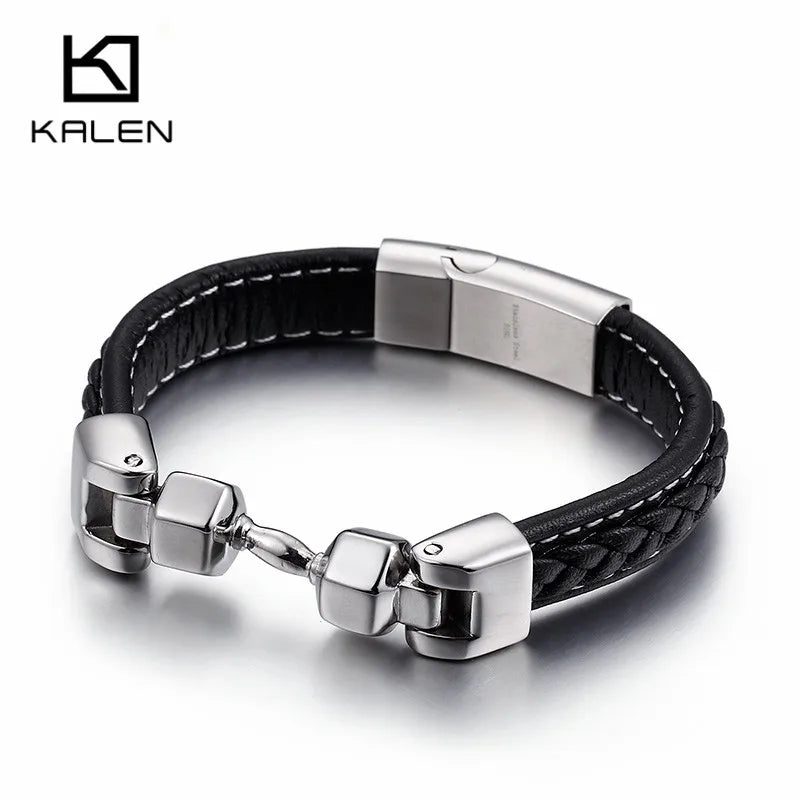 Vintage Leather Bracelet with Dumbbell Charm