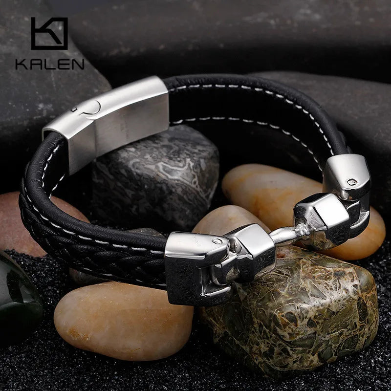 Vintage Leather Bracelet with Dumbbell Charm