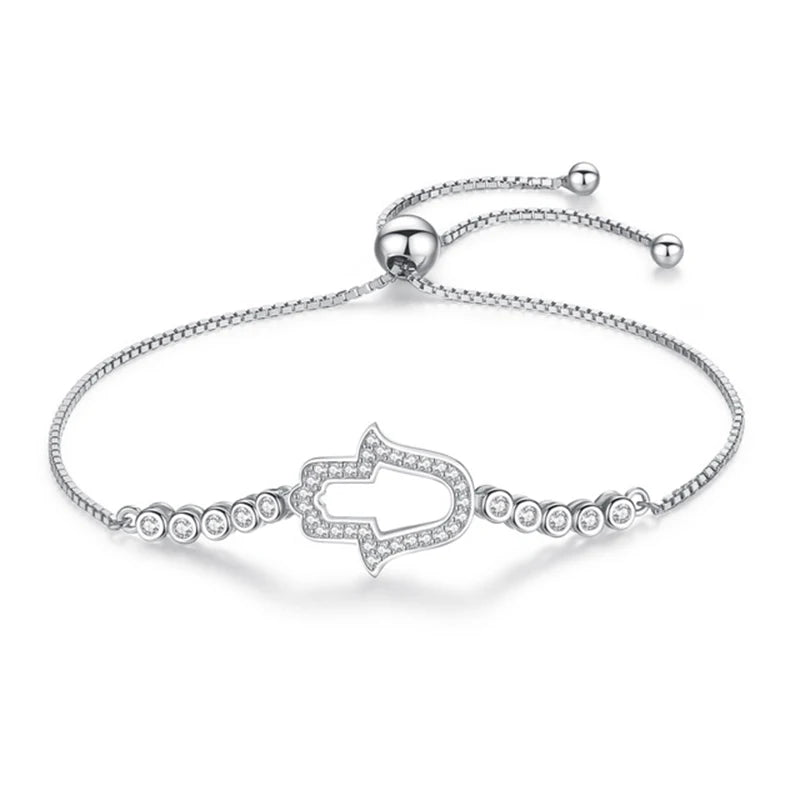 925 Silver Zircon Tennis Bracelet Hamsa Hand Charm Mens Jewelry