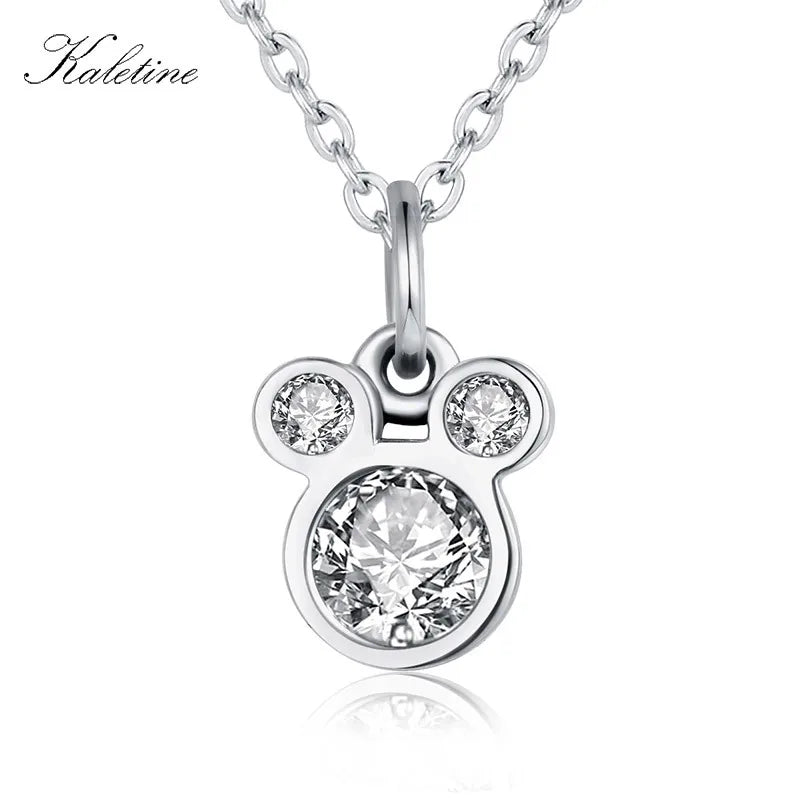 925 Silver Mickey Mouse Pendant Necklace CZ Cartoon Women Jewelry