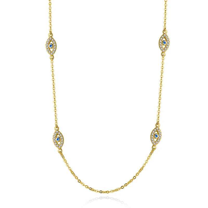 925 Silver Evil Eye Necklace Zircon Pendant Long Chain Turkey Jewelry