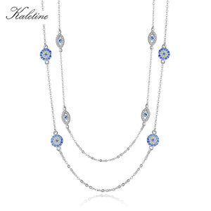 925 Silver Evil Eye Necklace Zircon Pendant Long Chain Turkey Jewelry