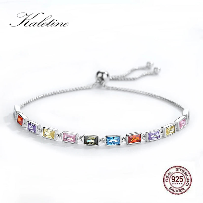 925 Silver Tennis Bracelet Rainbow CZ Charm Adjustable Bohemian Jewelry