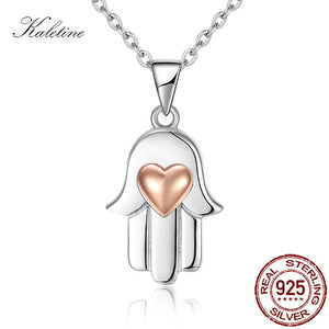 925 Silver Heart Necklace with Hamsa Hand Charm Pendant