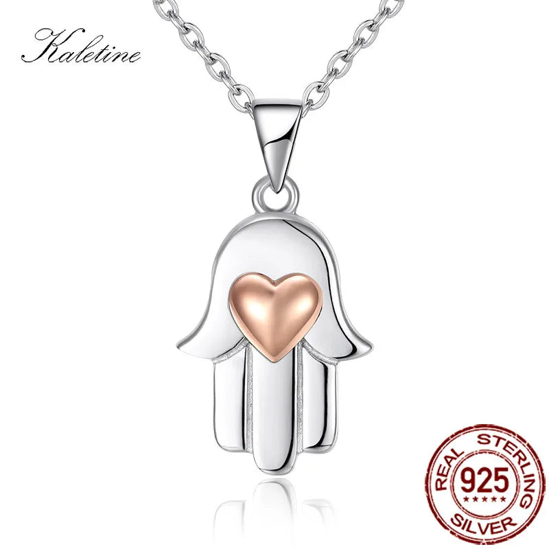 925 Silver Heart Necklace with Hamsa Hand Charm Pendant