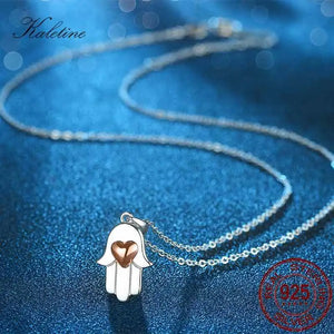 925 Silver Heart Necklace with Hamsa Hand Charm Pendant