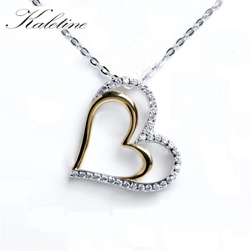 925 Silver Couple Heart Pendant Necklace Two Tone Love Heart in Heart