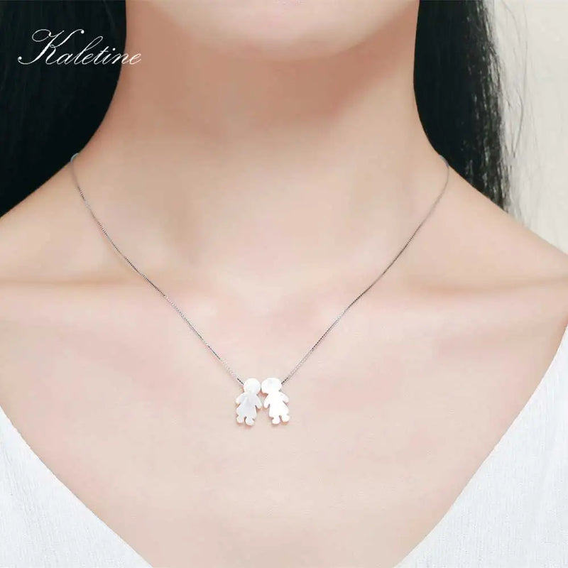 Sterling Silver Mother of Pearl Boy and Girl Pendant Necklace