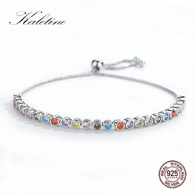 925 Sterling Silver Bracelet Rainbow Colorful CZ Tennis Beads Jewelry