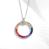 Rainbow CZ Geometric Circle Initials 925 Sterling Silver Pendant Necklace