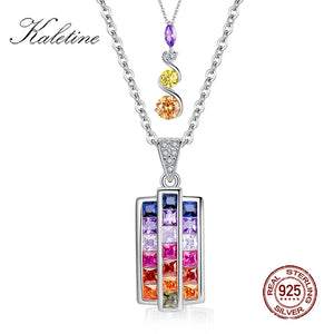 Rainbow CZ Geometric Circle Initials 925 Sterling Silver Pendant Necklace